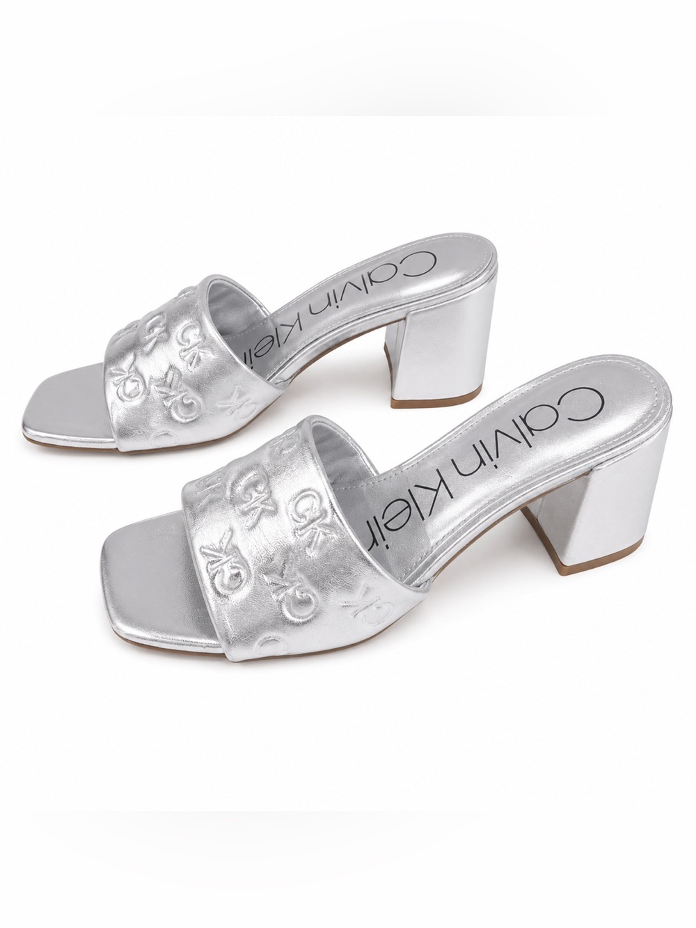 Calvin Klein Silver Metallic Block Heel Slides Embossed CK Logo